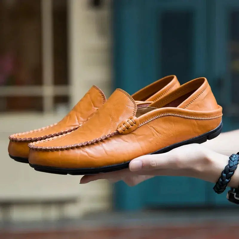 Tan genuine leather men's loafers, slip-on moccasin-style casual dress shoes