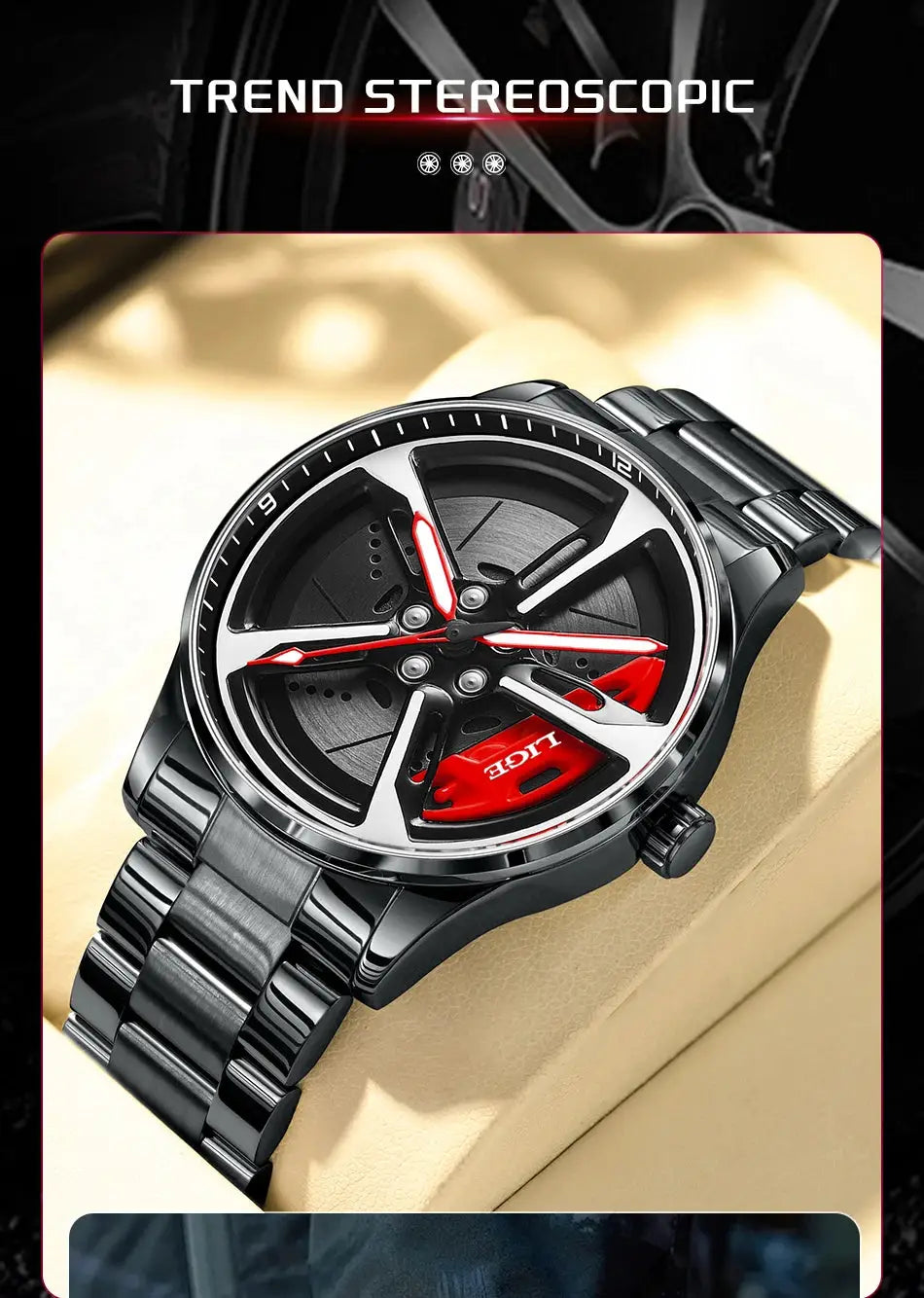 LIGE New Sport 3D Car Wheel Rim Hub Watch with stainless steel strap and rotating dial, black with red accents