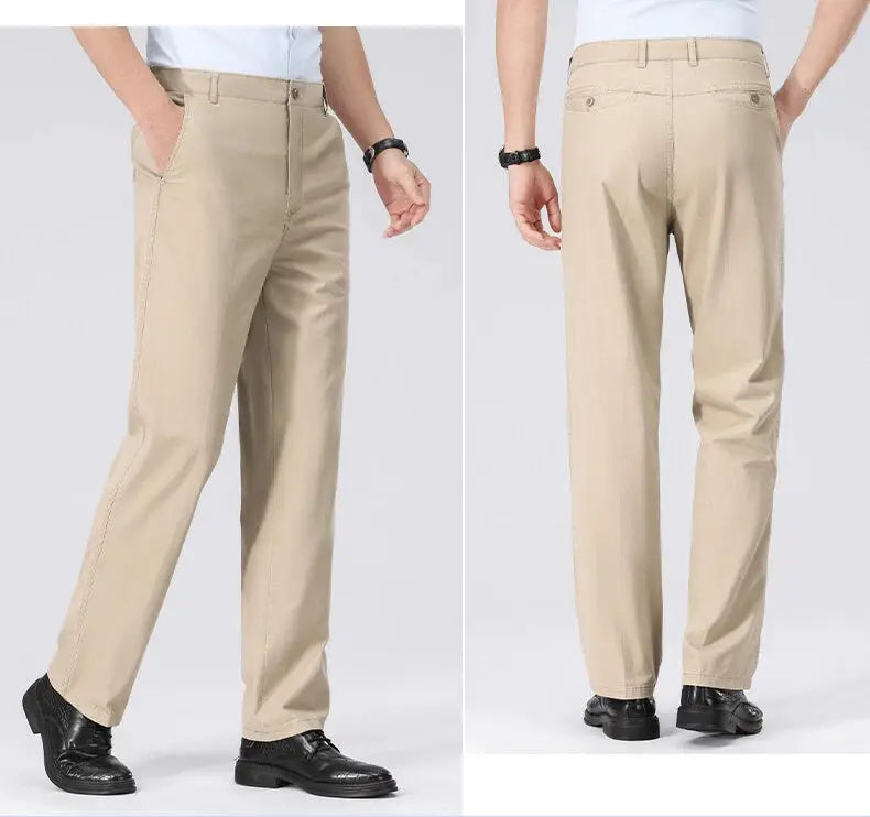 Men's chinos by Simples Market in beige lightweight fabric with pockets front and back views