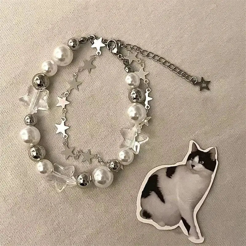 Double Layer Pearl Beaded Bracelet Inspired By Little Red Book Trend Star Shaped Jewelry Elegant Strand Wristband