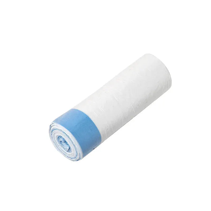 Trash bag roll, thick tear-off drawstring liners, white with blue band.