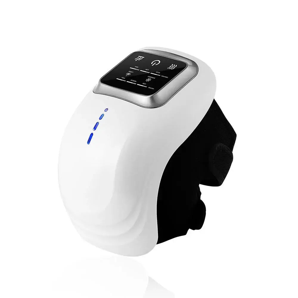 Knee massager device white with blue LED indicators, touchscreen control panel, and black strap, Simples Market