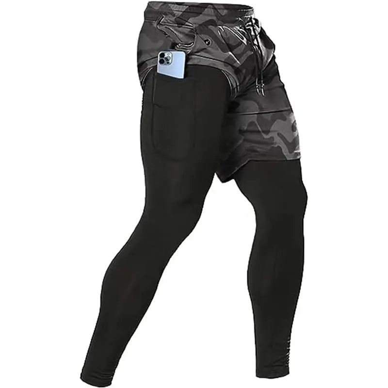 Men's 2-in-1 athletic pants by Simples Market; black leggings with gray camo shorts and phone pocket