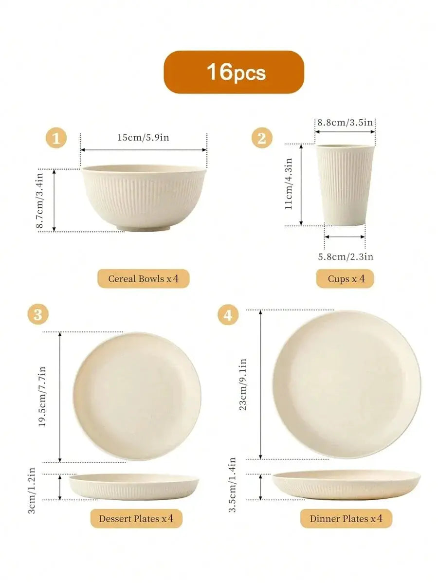 Beige Plastic Dinnerware Set 4 16 24 Pieces Reusable Cup Plate Bowl Kit For Camper Camping Picnic Dormitory