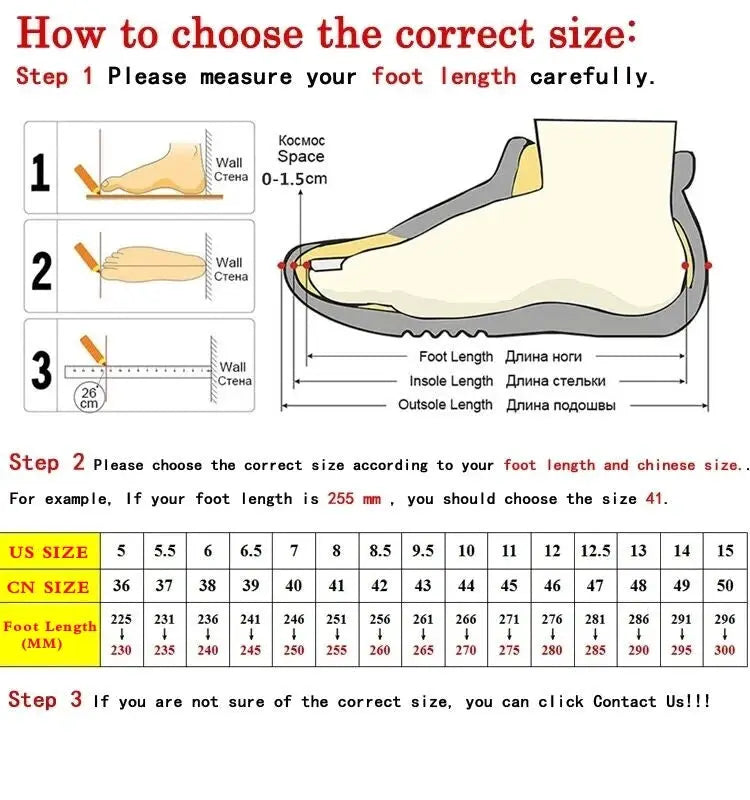 Men's shoe size guide infographic showing foot-length measurement steps and US/CN size charts for running sneakers
