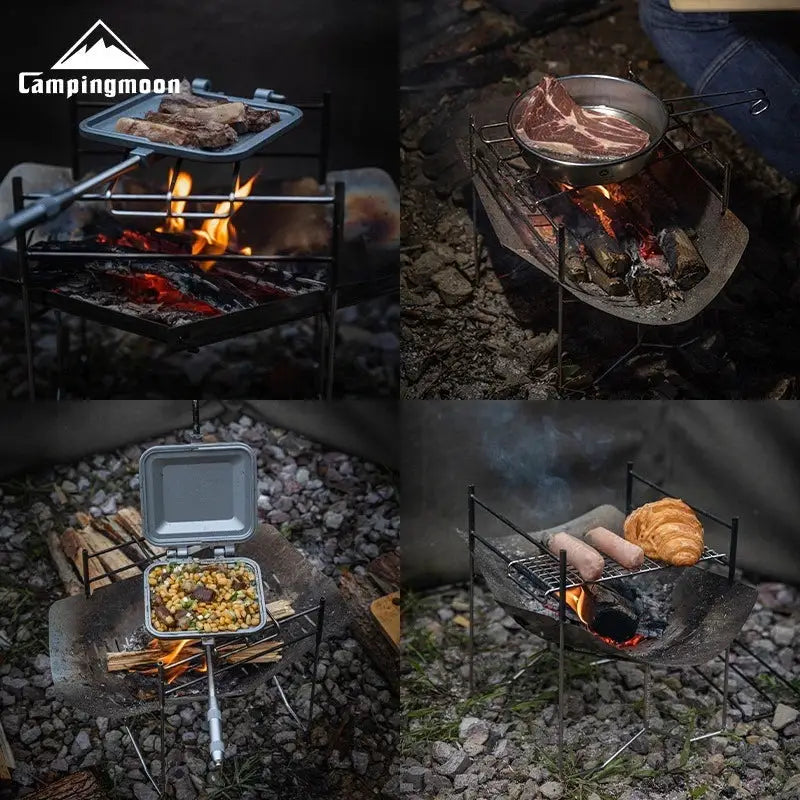 Campingmoon Solo-A4 stainless steel portable folding BBQ grill; outdoor foldable grill with pans over coals