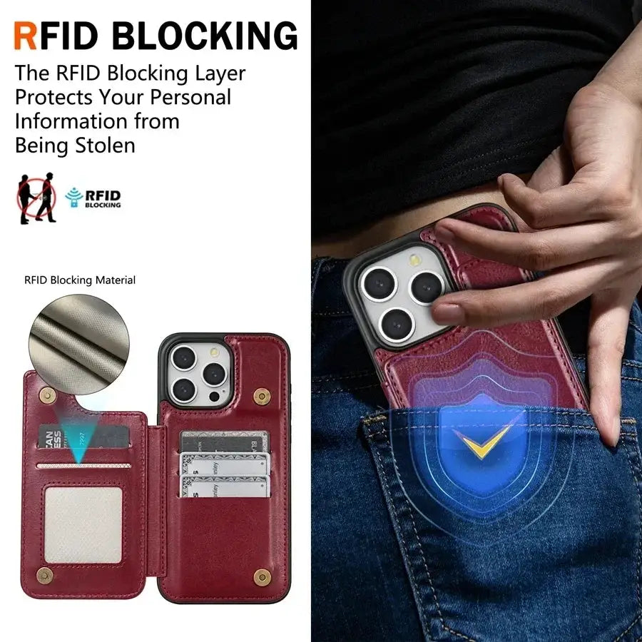 Wallet RFID Blocking Leather Case for iPhone by Simples Market, burgundy with card slots.