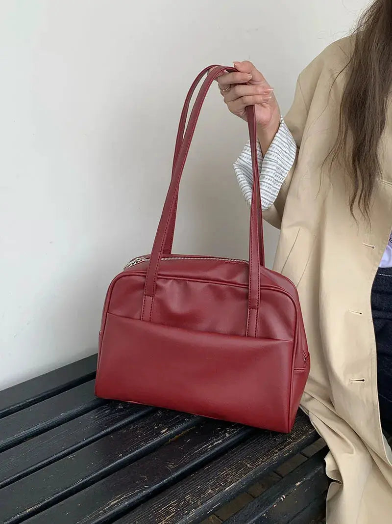 Korean-style large-capacity single-shoulder women's bag by Simples Market in red faux leather with twin handles