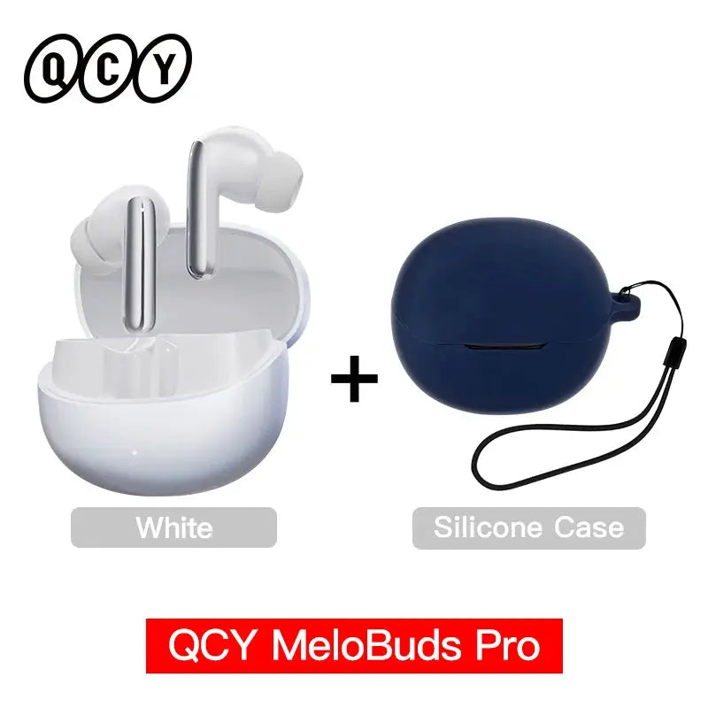 QCY MeloBuds Pro wireless earbuds with white charging case and blue silicone case
