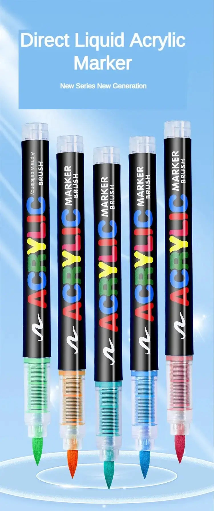 Direct-liquid acrylic paint markers set of 5 with colorful tips on black barrels
