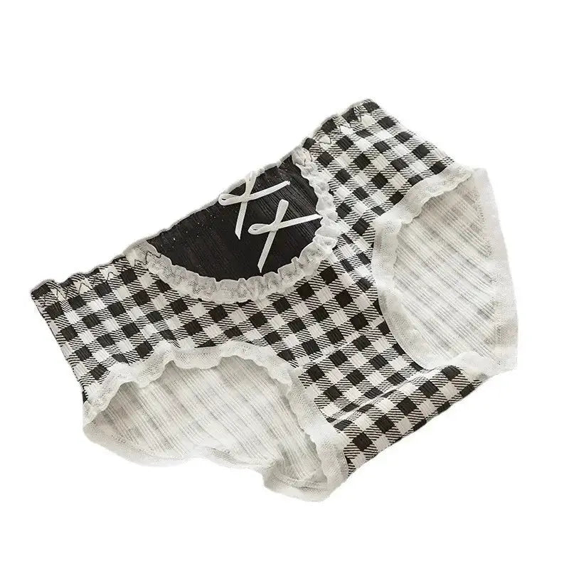 Cotton seamless panties for women, mid-rise briefs in black-and-white gingham with lace trim and bow accents.