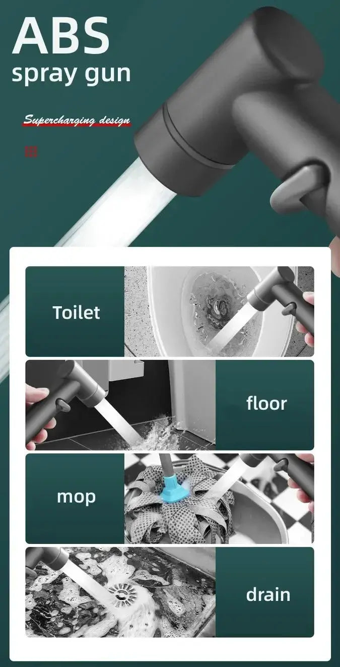 Toilet cleaning bidet sprayer set with handheld ABS spray gun; gray nozzle, shows uses for toilet, floor, mop, drain.