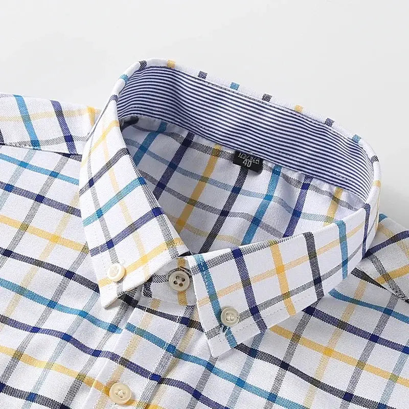 Men's 100% cotton Oxford shirt with button-down collar in blue and yellow plaid, Simples Market for business casual