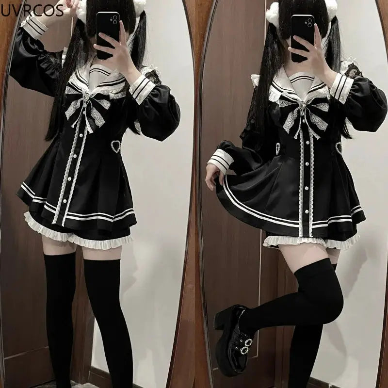 Japanese Style Gothic Y2K Lolita Bow Dress Set Women Long Sleeve