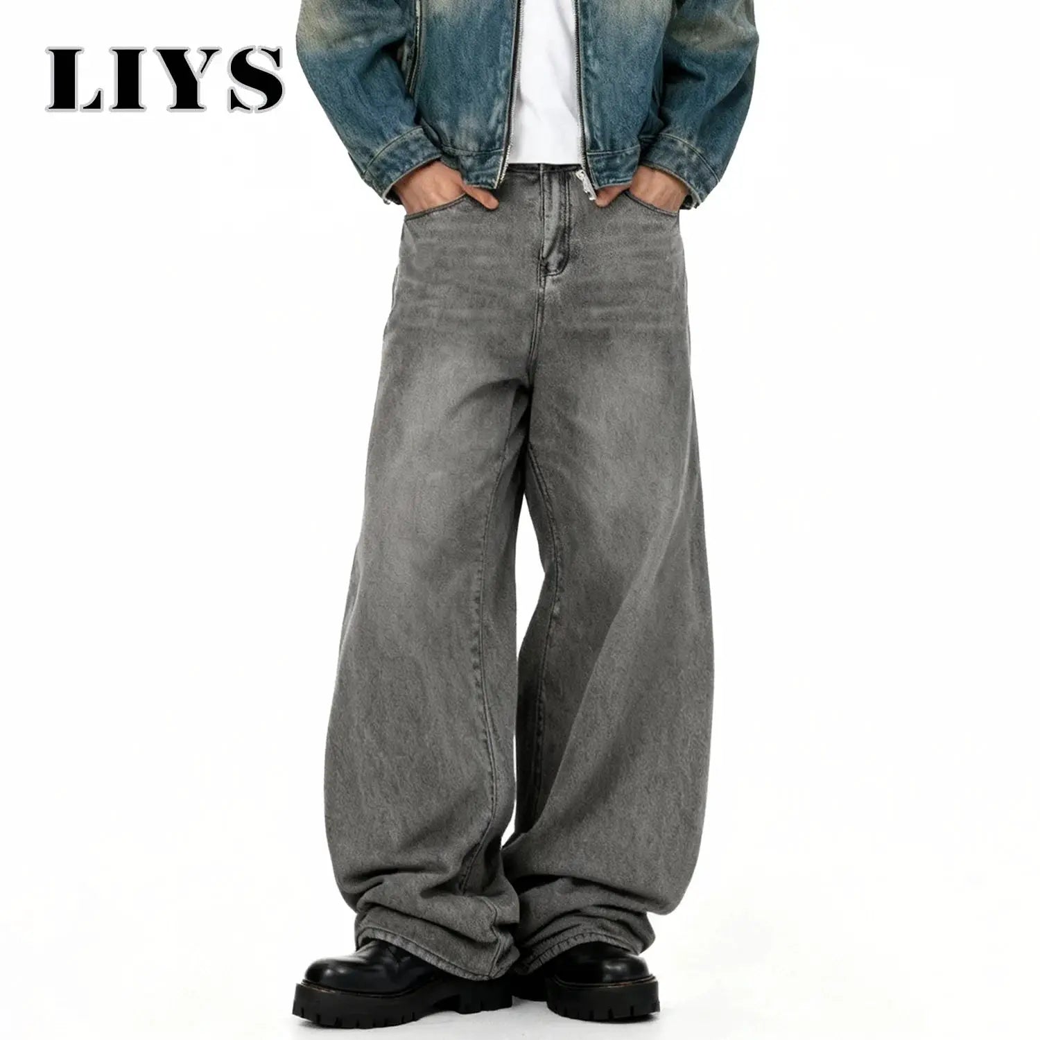 Men's gray washed denim baggy wide-leg jeans, Simples Market, casual streetwear