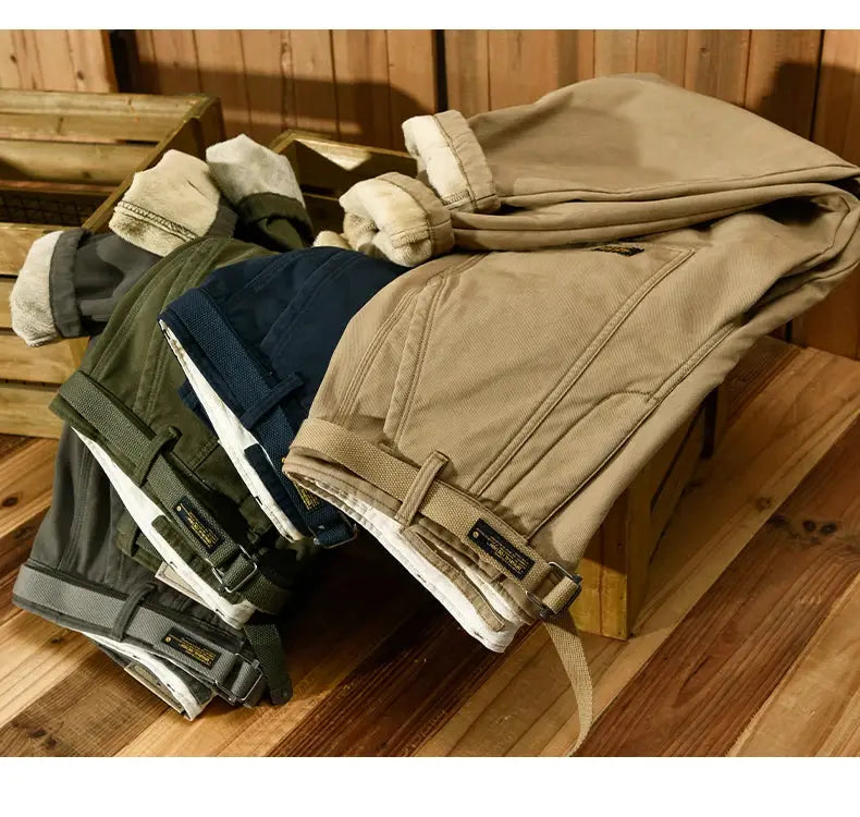 HIQOR men's winter cargo pants in four colors, fleece-lined 100% cotton, loose outdoor trousers