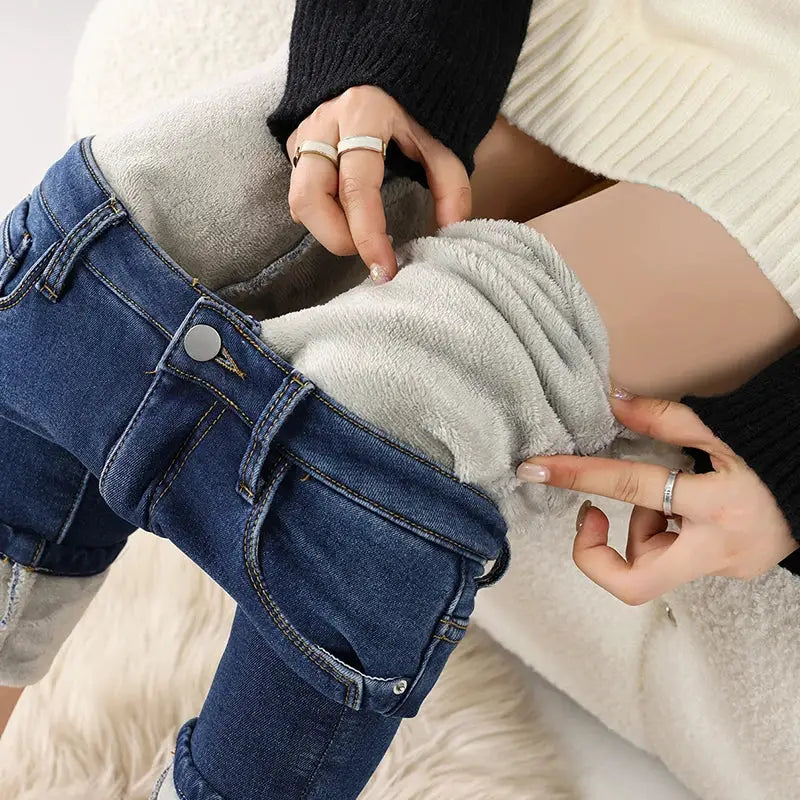 Women Thermal Jeans Fleece Lined Warm Stretch Slim Fit Pants Korean