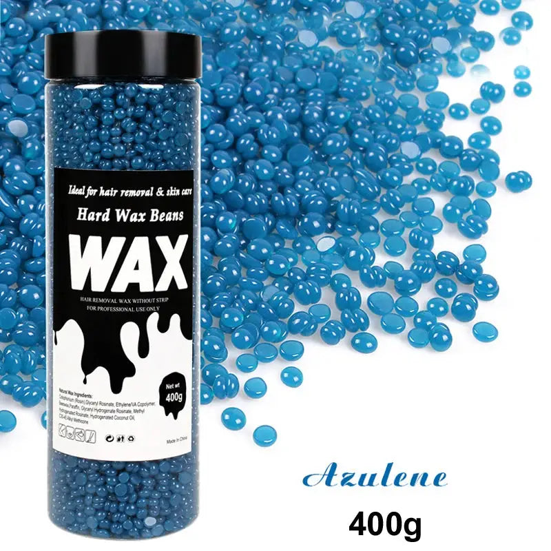 Blue hard wax beans in 400g bottle by Simples Market for depilatory waxing