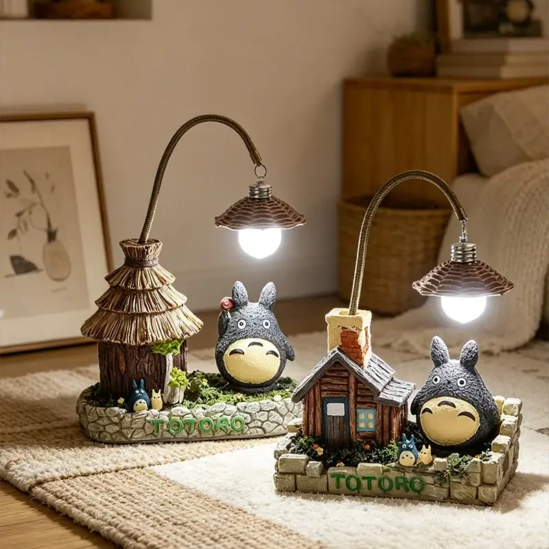 Creativity LED desk lamp set featuring Totoro anime figurines, two brown mushroom lamps, and stone-built bases.