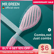 MR.GREEN hollow-out hair brush with pink body and scalp-massage bristles