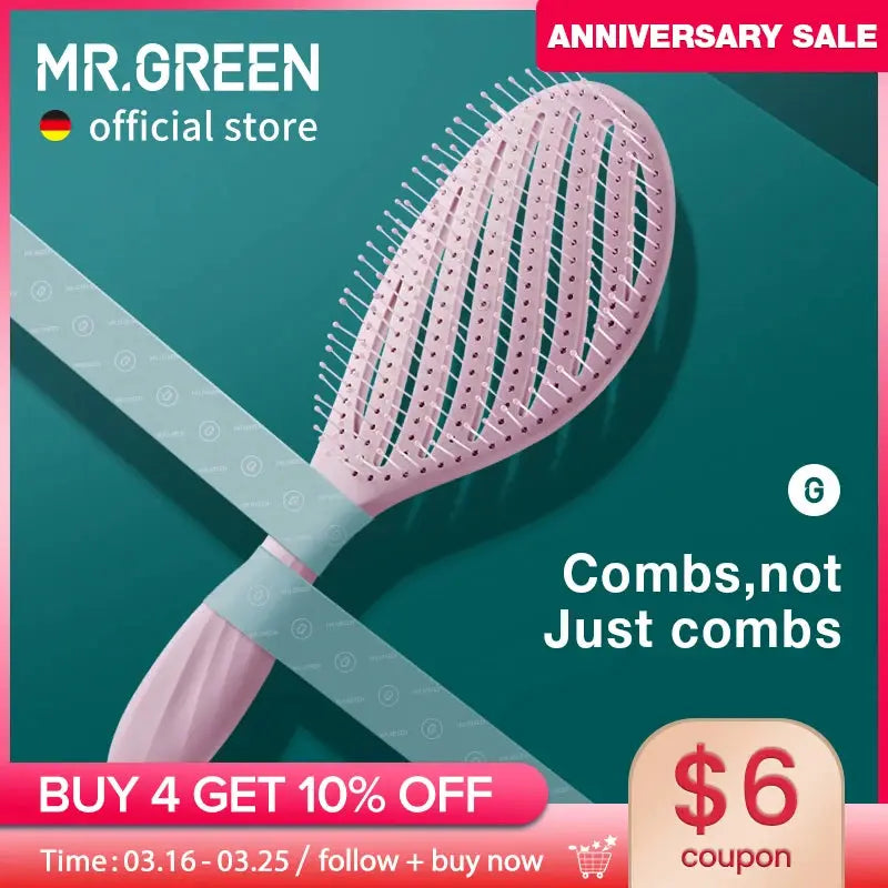 MR.GREEN hollow-out hair brush with pink body and scalp-massage bristles