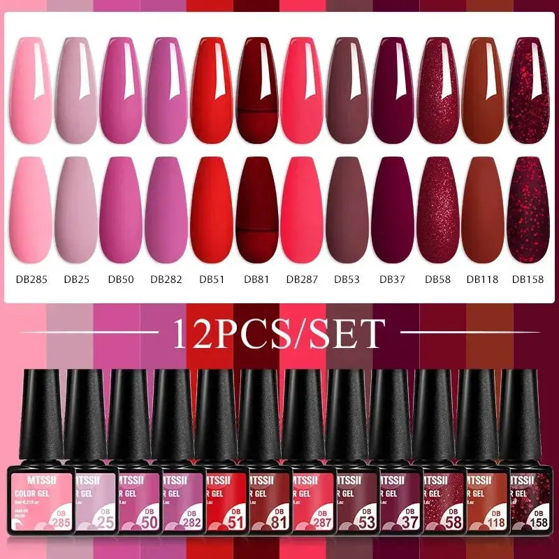 MTSSII 12pc gel nail polish set by Simples Market, nude pink to red glitter UV gel shades for DIY manicure