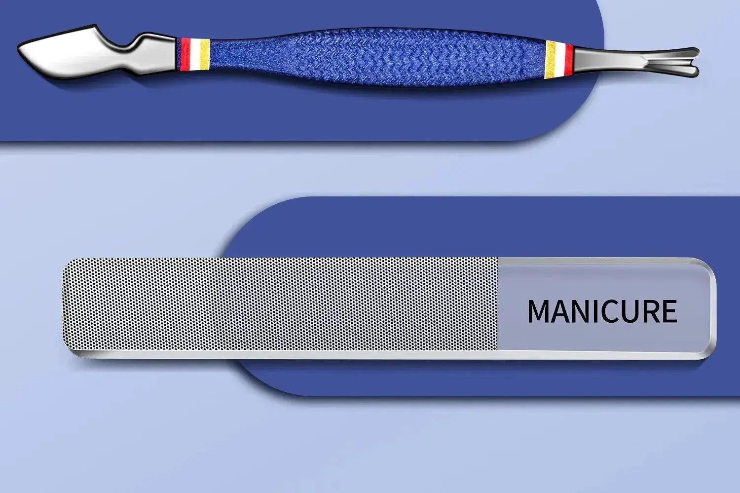 2-piece nail tool set with stainless steel tools, blue-handled cuticle tool and perforated manicure file.