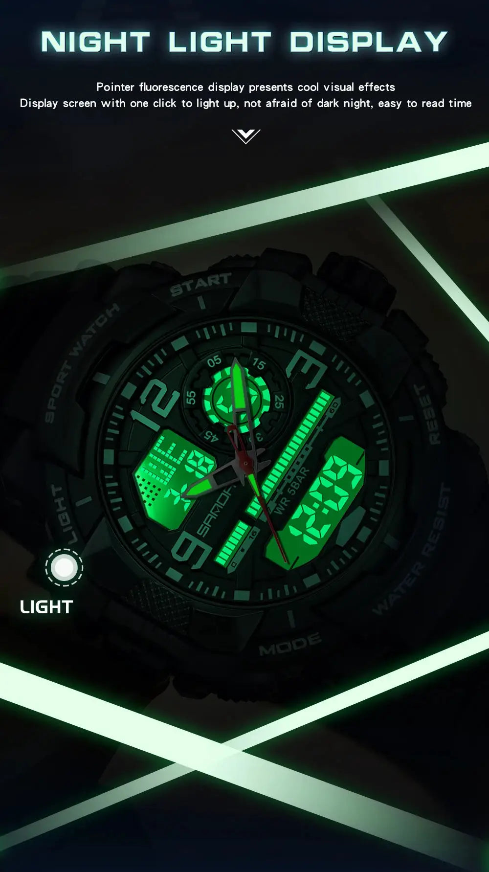 SANDA 6130 dual-display sport watch with green LED digital readouts, black strap, waterproof.