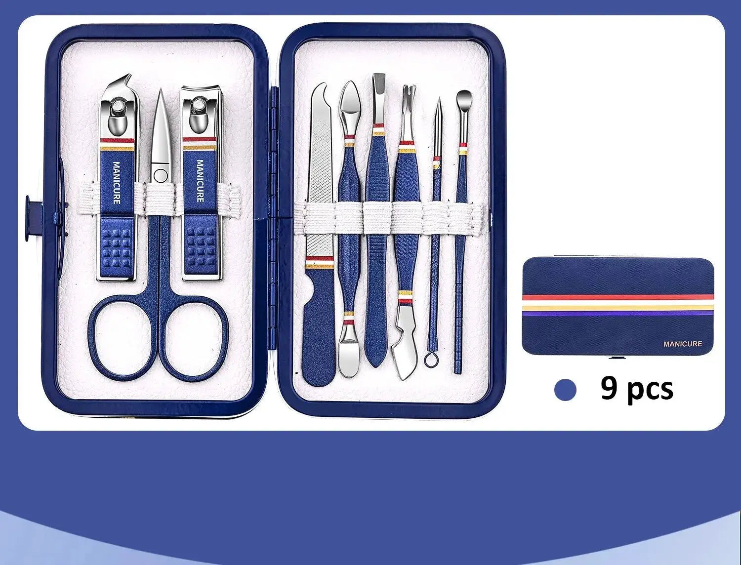9-piece blue stainless steel manicure set in folding case with nail clippers, scissors and grooming tools.