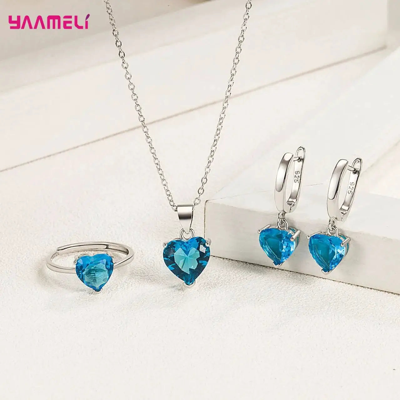 Fine 925 Sterling Silver Jewelry Gift Set For Women Heart Zircon Huggie Earrings Pendant Necklace Ring