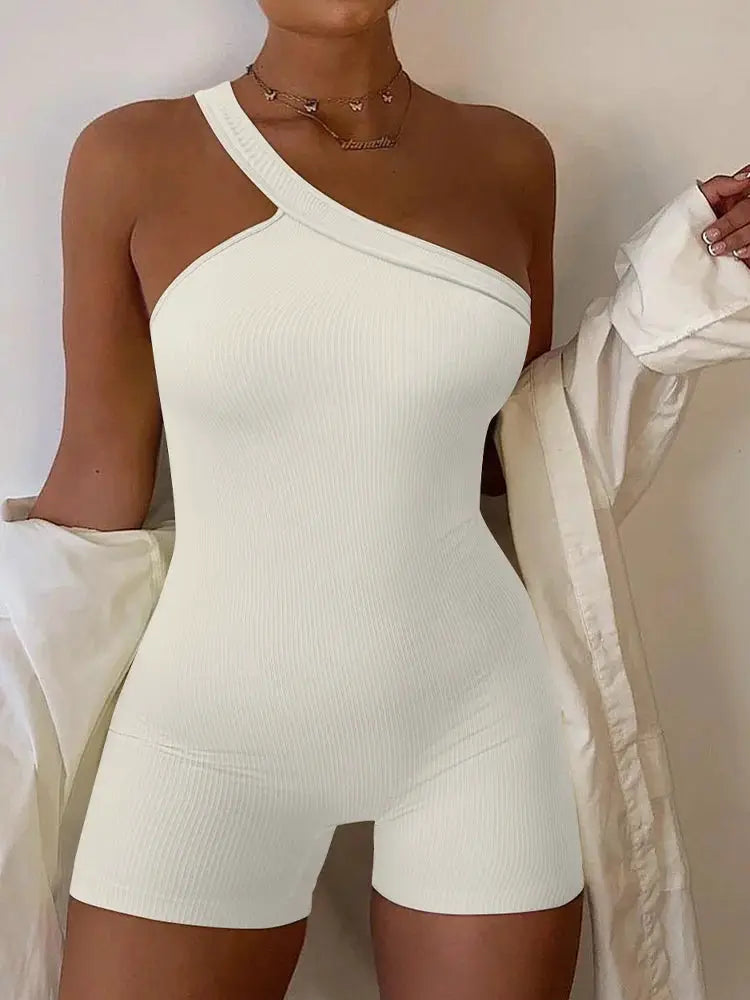 Women's white ribbed one-shoulder yoga romper jumpsuit by Simples Market