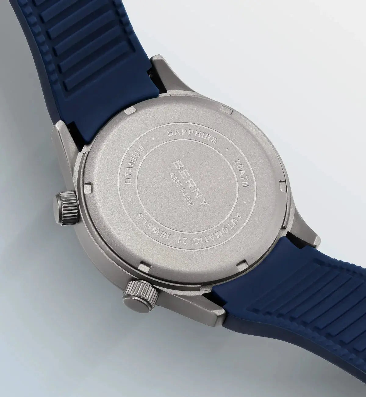 BERNY titanium automatic diver watch with blue silicone strap and 20ATM water resistance