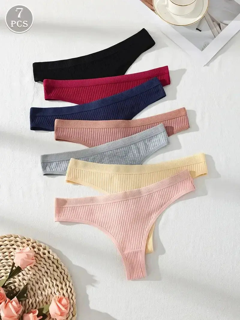 7-piece cotton ribbed thong panty set in assorted colors (black, red, navy, pink, gray, yellow, peach) by Simples Market