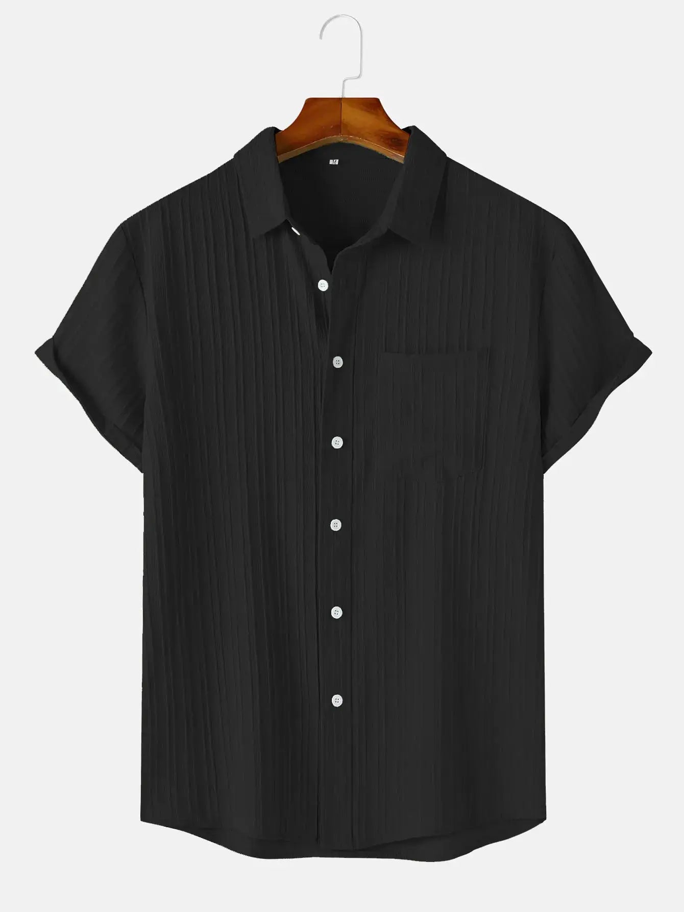 Men's black crinkle-textured short-sleeve shirt with chest pocket, Simples Market