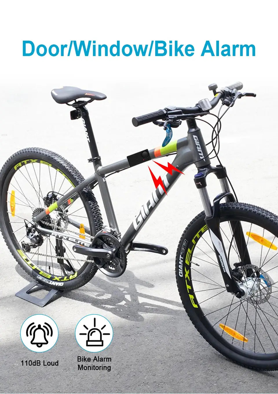 Awapow wireless vibration bike alarm mounted on a gray Giant mountain bike frame, 110dB loud
