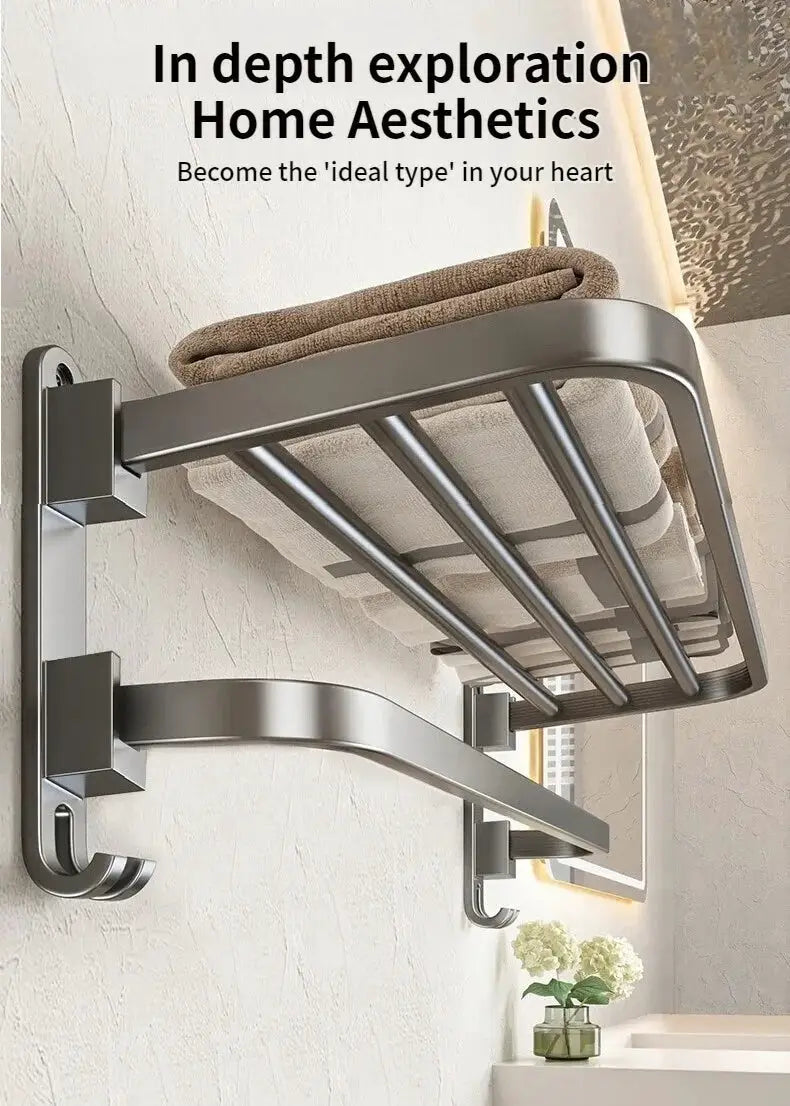 Towel rack holder by Simples Market, wall-mounted folding aluminum with hooks, grey/black 50–60cm