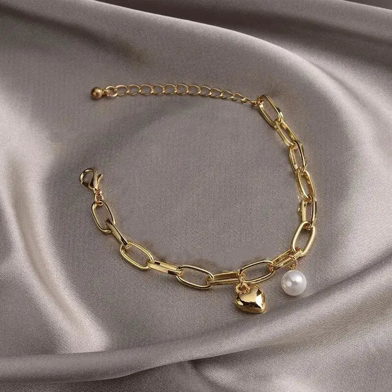 Gold Color Bracelet For Women Simple Style Thick Cross Chain With Love Human Head Cross Pearl Pendant