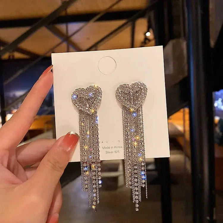 Punk Geometric Zinc Alloy Stud Earrings with heart-shaped top and silver-tone crystal fringe