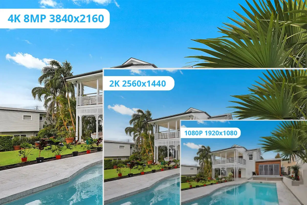Simples Market outdoor WiFi IP camera; 3-panel collage showing 4K/8MP, 2K, and 1080p resolutions.