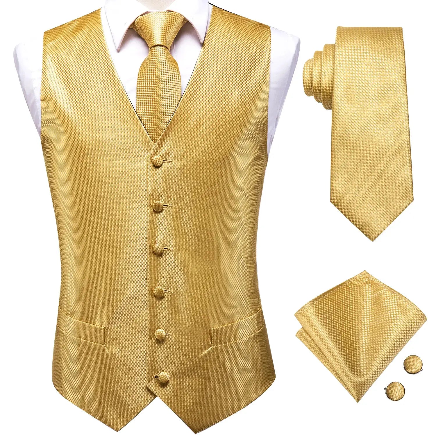Gold-tone men's waistcoat set with tie, pocket square and cufflinks (4-piece)