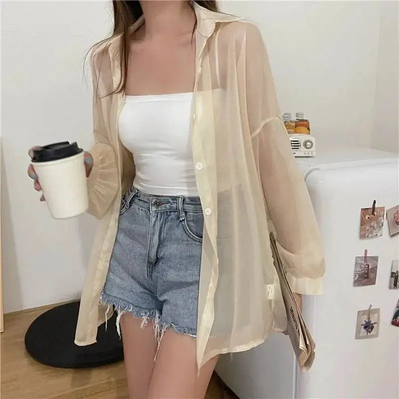 Xpqbb women's white sheer chiffon shirt, lightweight long sleeves, Simples Market