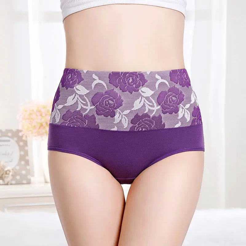 3Pcs Lot High Waist Panties; purple cotton with floral lace panel; plus-size breathable underwear