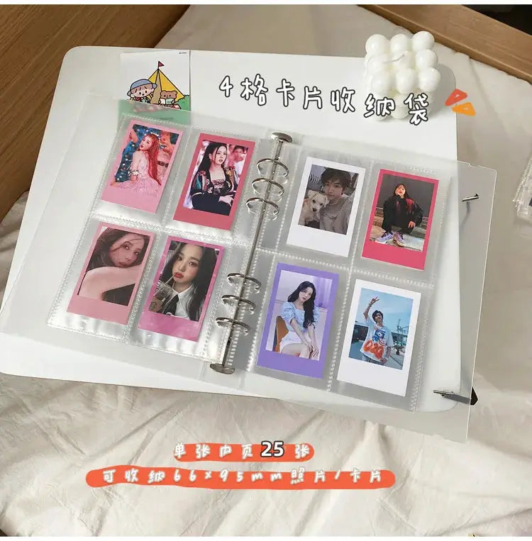 Yoofun white A5 binder with 4-pocket clear photo sleeves holding 8 Korean idol cards; school planner organizer.