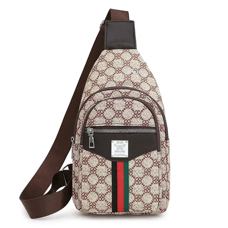 Men's multifunction messenger bag in beige cloth with brown strap, earphone hole, green-red-green stripe.