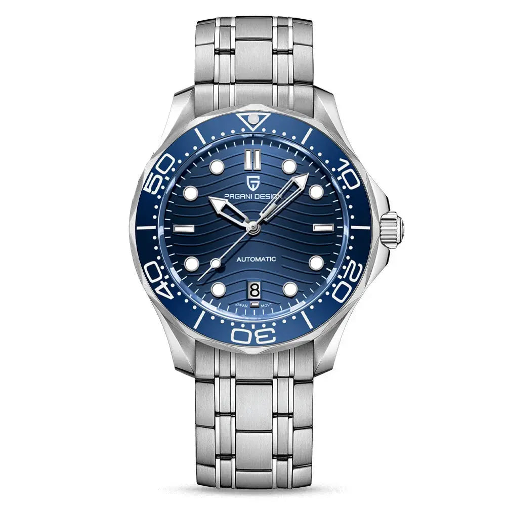 Pagani Design men's automatic watch with blue dial, sapphire crystal, stainless steel bracelet