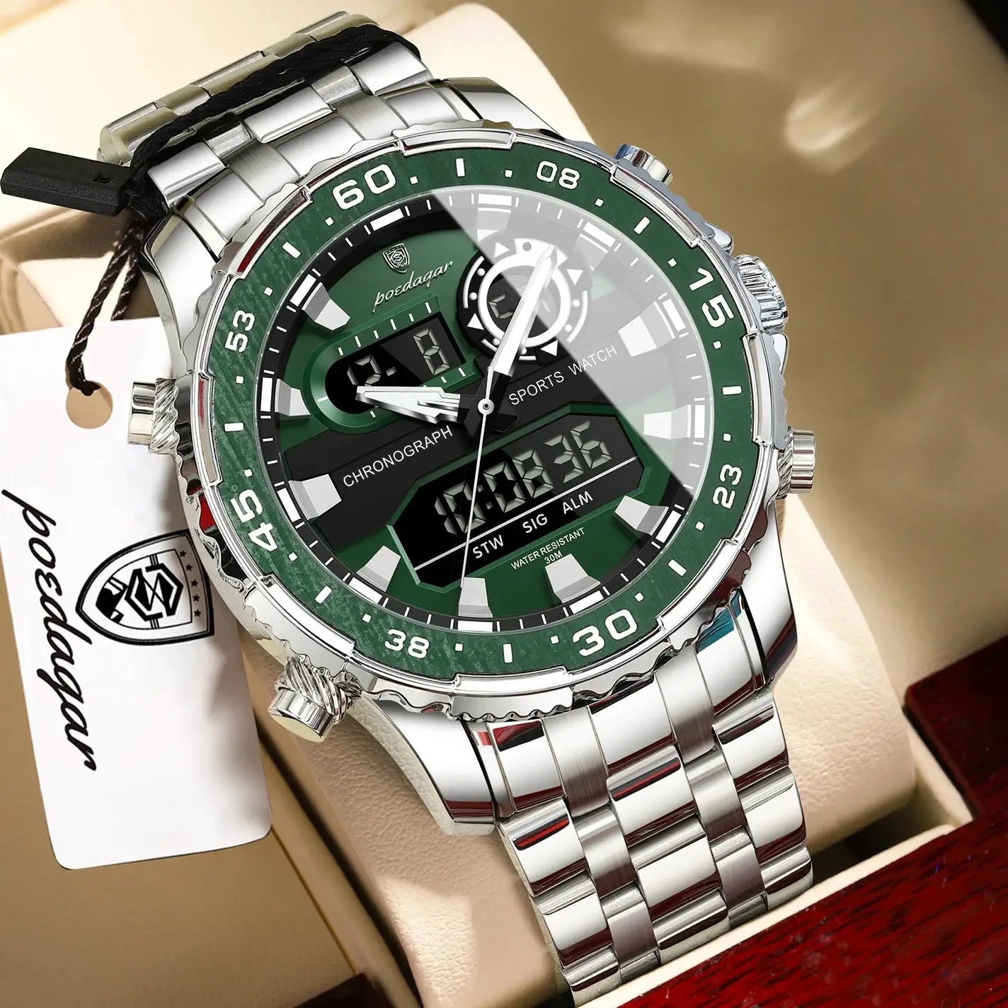 POEDAGAR men's electronic sports watch with green bezel, LED digital display, stainless steel band