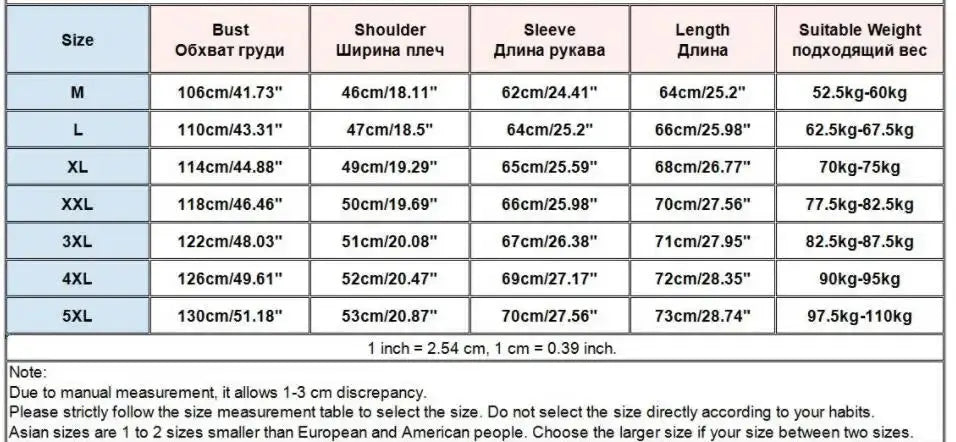 Men's down jacket size chart with M–5XL sizes, showing bust, shoulder, sleeve, length and weight measurements