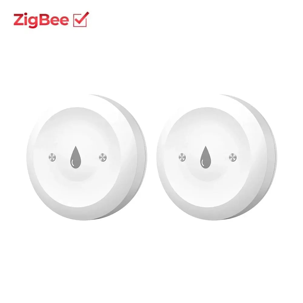 Two white circular ZigBee water immersion sensors with droplet icons