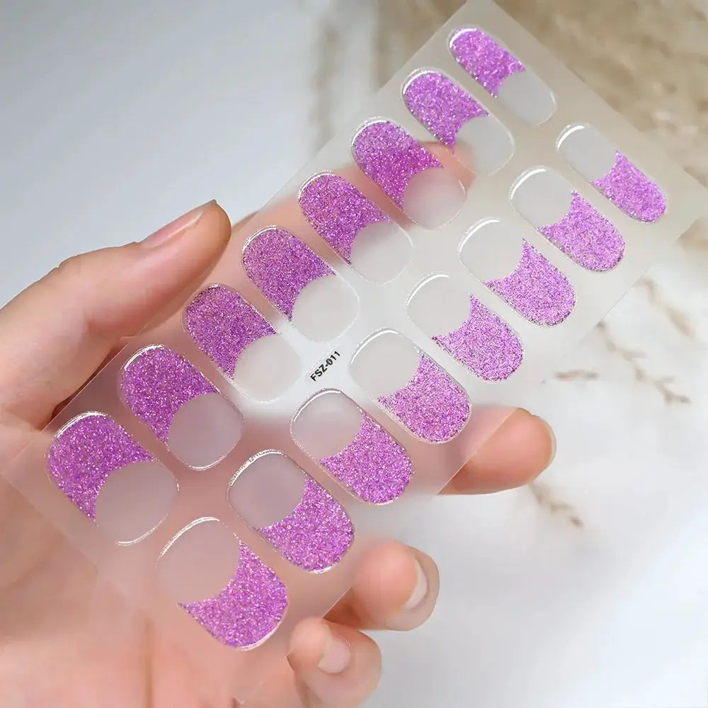 Semi-cured gel nail wraps sheet with pink-purple glitter full-cover decals