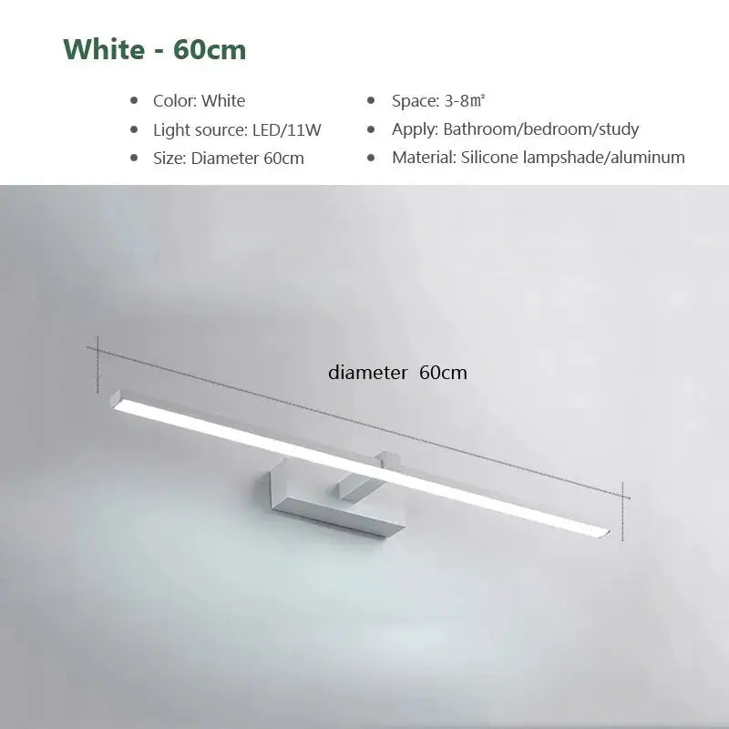 LED wall lamp, white finish, 60cm long, aluminum body for bathroom lighting